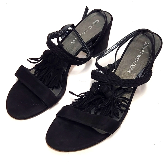 Stuart Weitzman Black Tasselmania Suede Block Heel Sandals - Picture 4 of 12